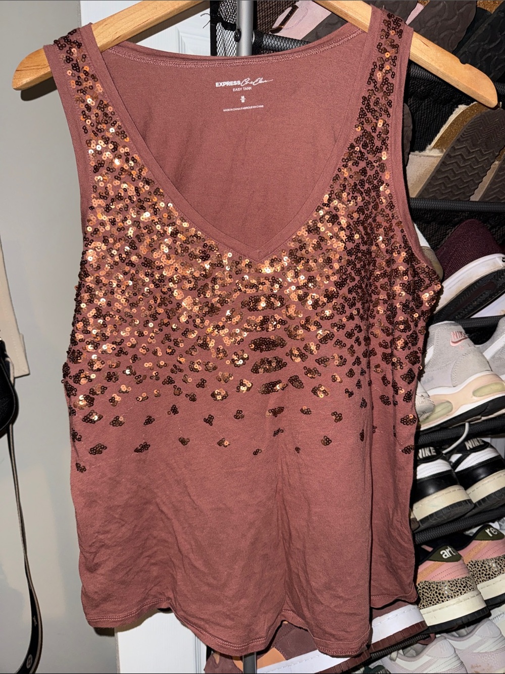 Express Rosewood Sequin V-Neck Tank